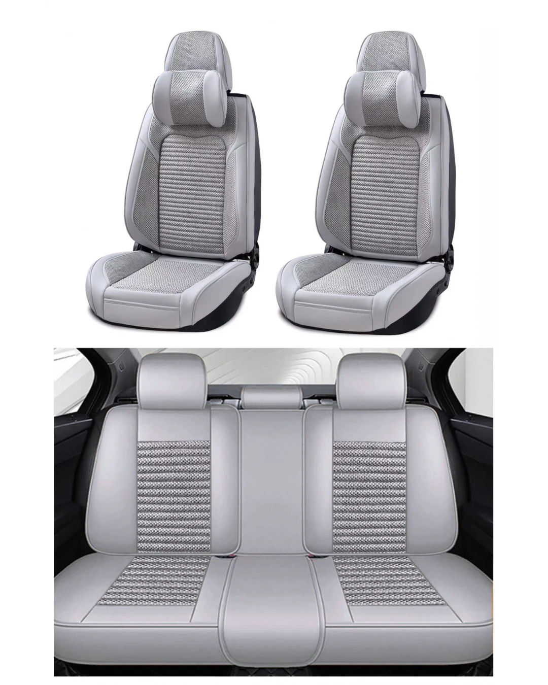 Пълен Комплект Универсална Тапицерия, Калъфи За Автомобилни Седалки Лукс Еко Кожа и Висококачествен Текстил в Светло Сиво с възглавнички