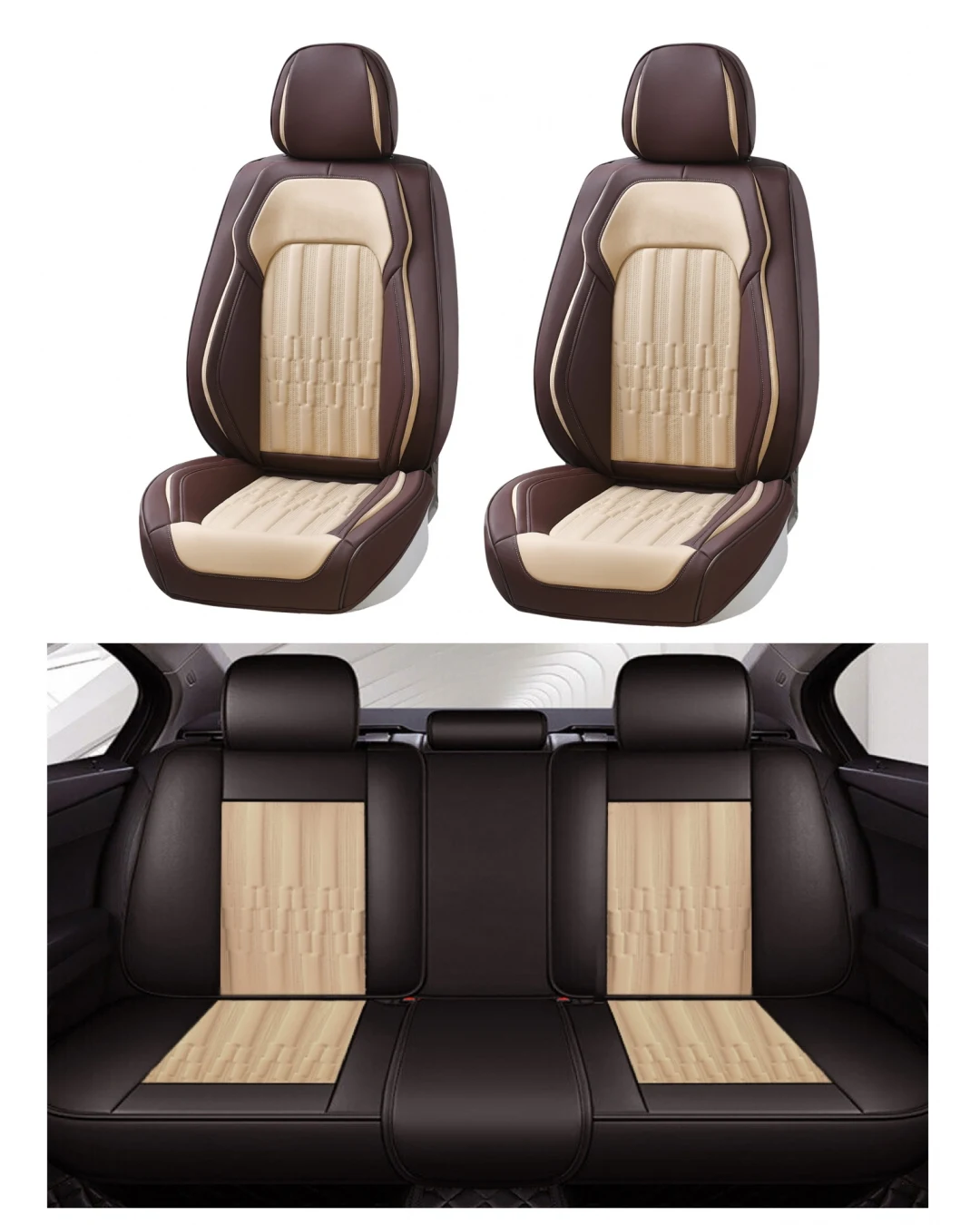 Пълен Комплект Универсална Тапицерия, Калъфи За Автомобилни Седалки Лукс Еко Кожа в Бежово и Кафяво (цвят Кафе)