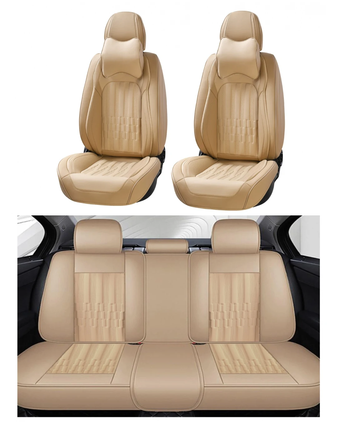 Пълен Комплект Универсална Тапицерия, Калъфи За Автомобилни Седалки Лукс Еко Кожа в Бежово