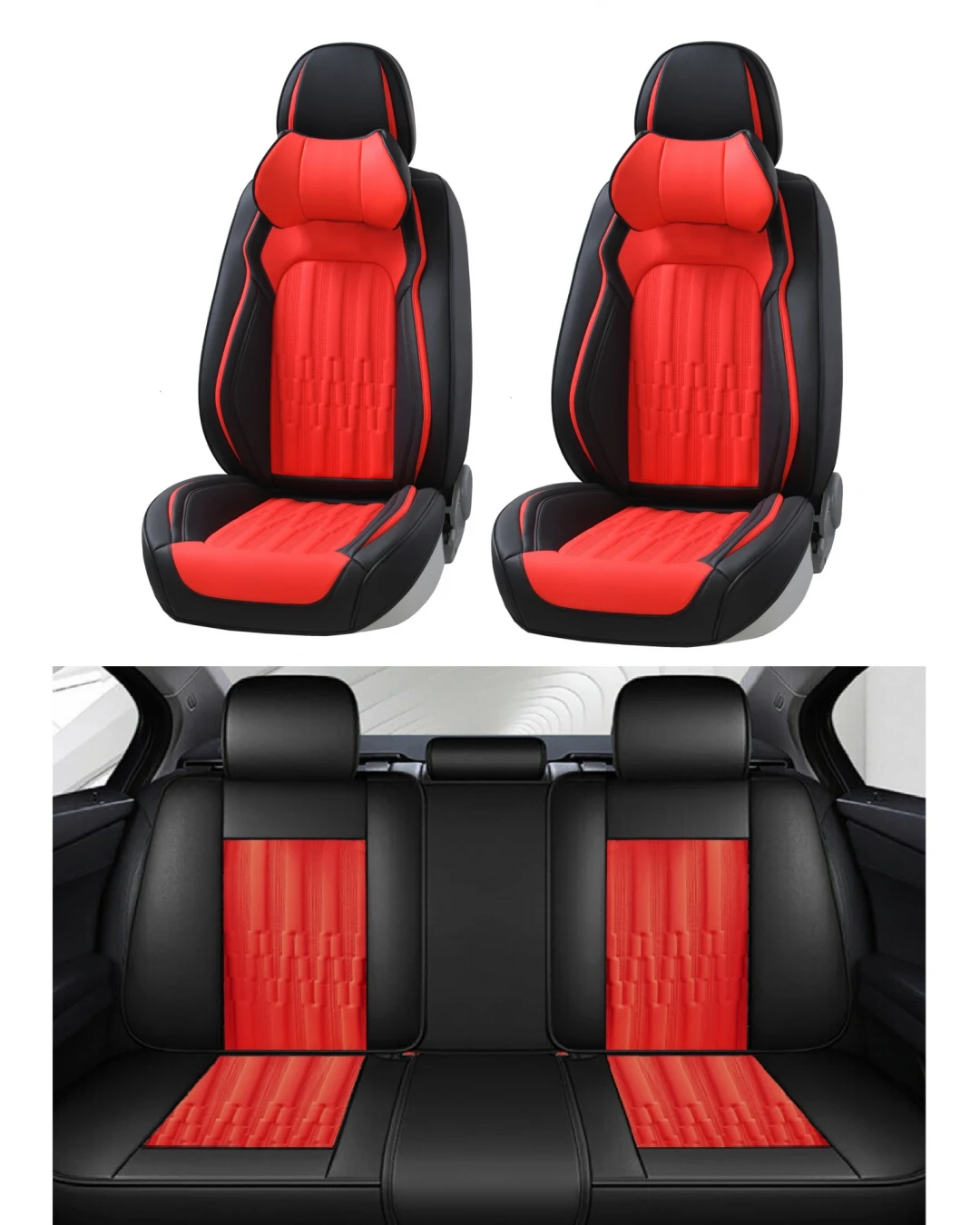 Пълен Комплект Универсална Тапицерия, Калъфи За Автомобилни Седалки Лукс Еко Кожа в Черно и Червено, с възглавнички TAP882