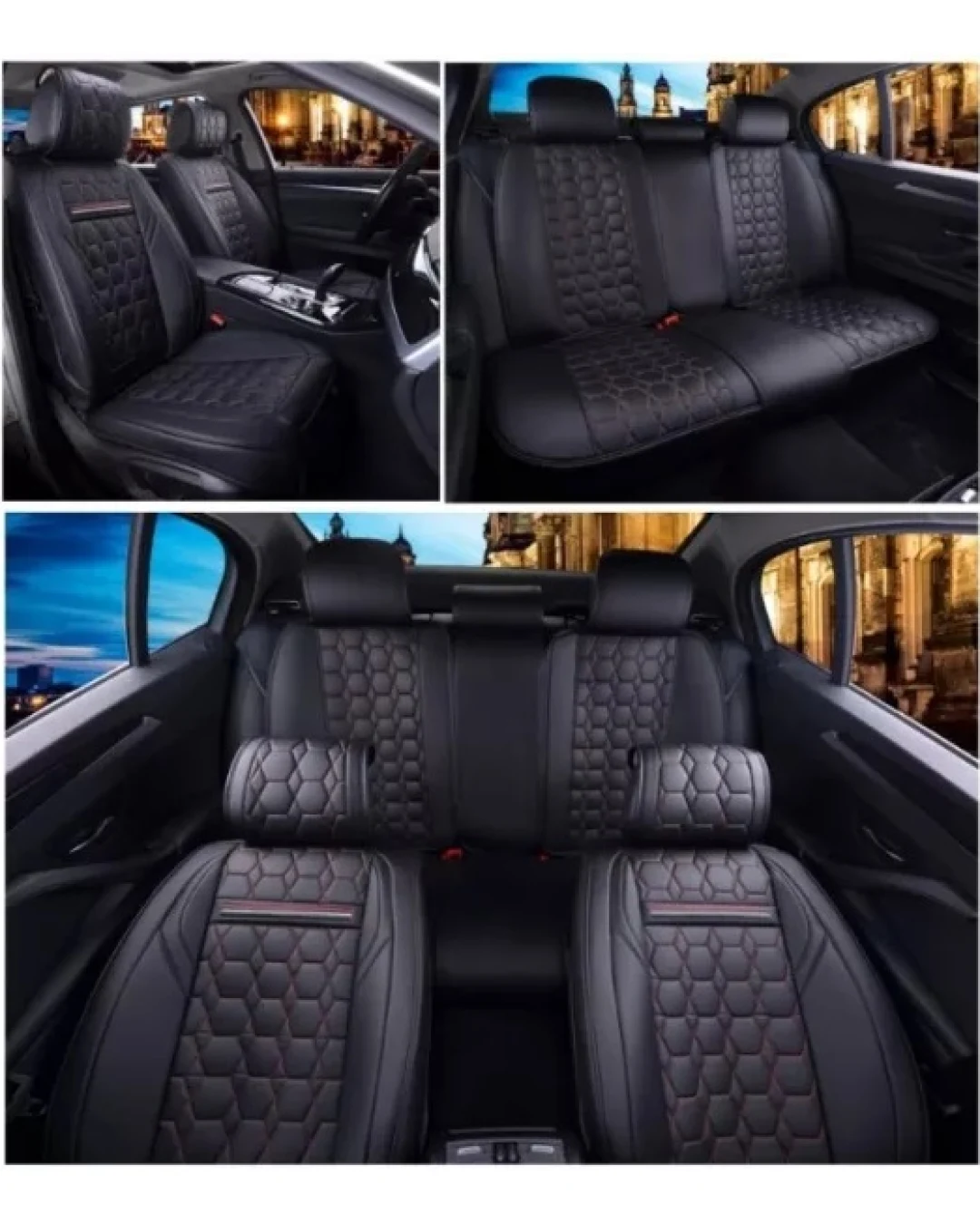 Пълен Комплект Универсална Тапицерия, Калъфи За Автомобилни Седалки Лукс Еко Кожа в Черно с червен конец шев