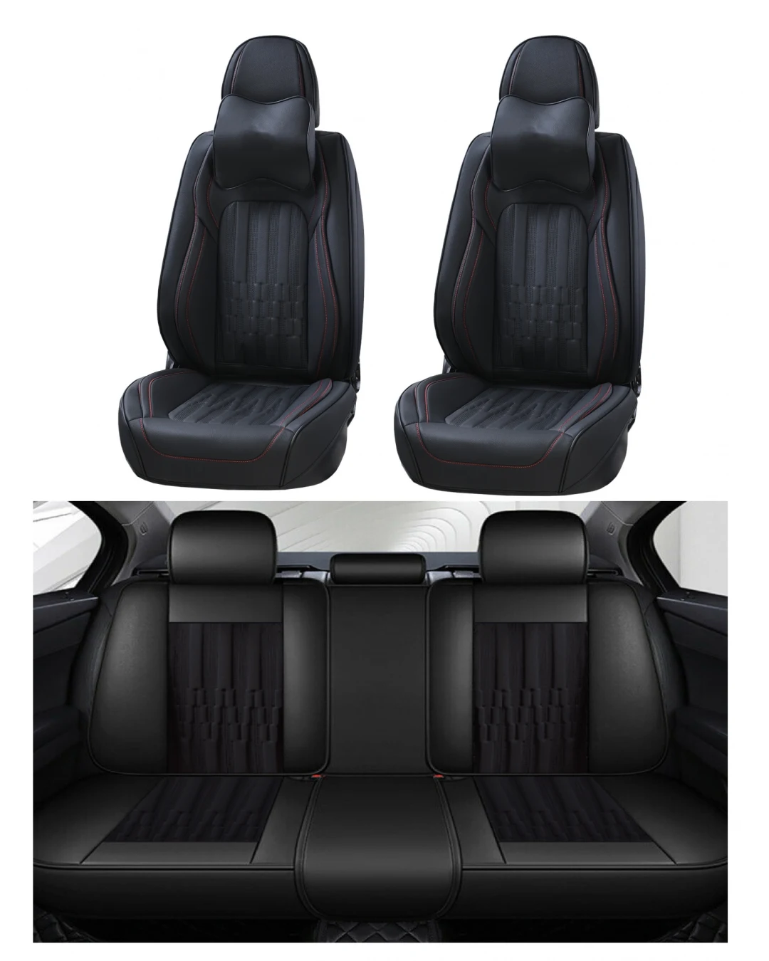 Пълен Комплект Универсална Тапицерия, Калъфи За Автомобилни Седалки Лукс Еко Кожа в Черно с червен конец, шев TAP880