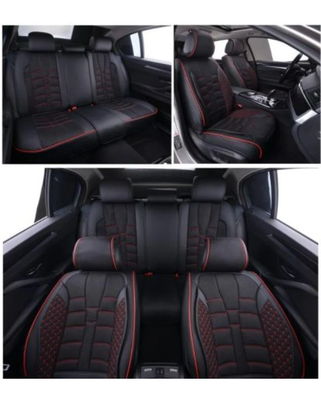 Пълен Комплект Универсална Тапицерия, Калъфи За Автомобилни Седалки Лукс Еко Кожа в Черно с червен конец, шев TAP891