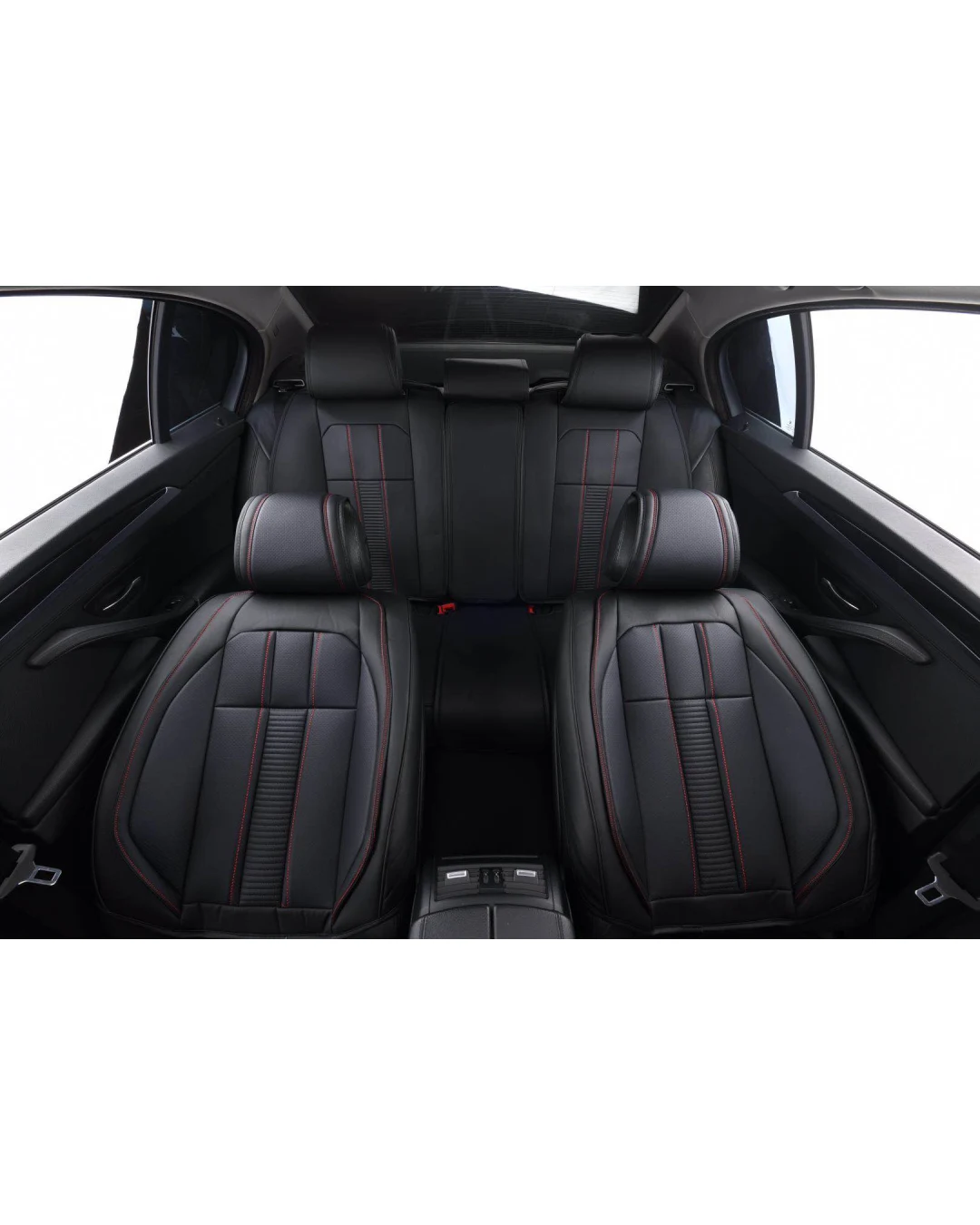 Пълен Комплект Универсална Тапицерия, Калъфи За Автомобилни Седалки Лукс Еко Кожа в Черно с червен конец, шев TAP935