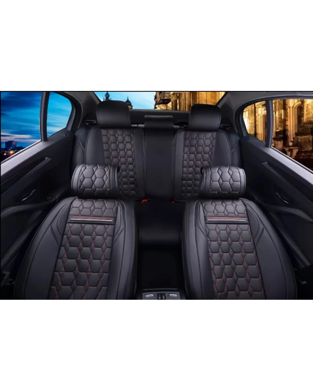 Пълен Комплект Универсална Тапицерия, Калъфи За Автомобилни Седалки Лукс Еко Кожа в Черно с червен конец шев