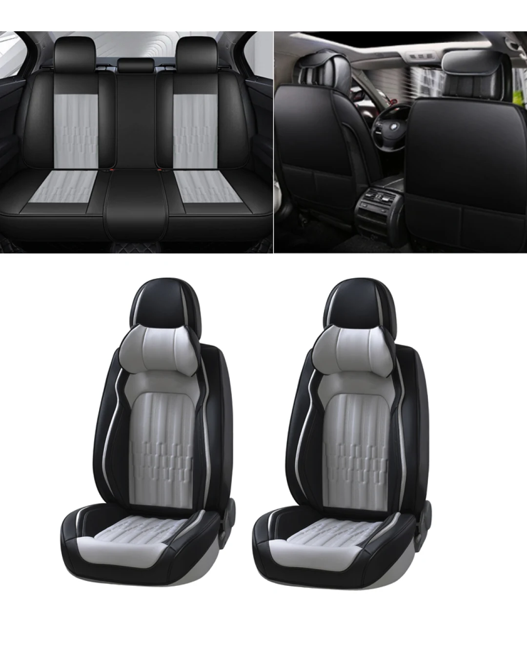 Пълен Комплект Универсална Тапицерия, Калъфи За Автомобилни Седалки Лукс Еко Кожа в Черно със Сиво TAP881
