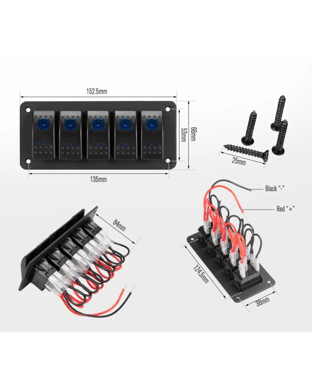 Панел за вграждане с 5 бутона ON-OFF универсални 12-24V за LED светлини бар фарове лебедки лампи за кола камион каравана джипове лодка и др.