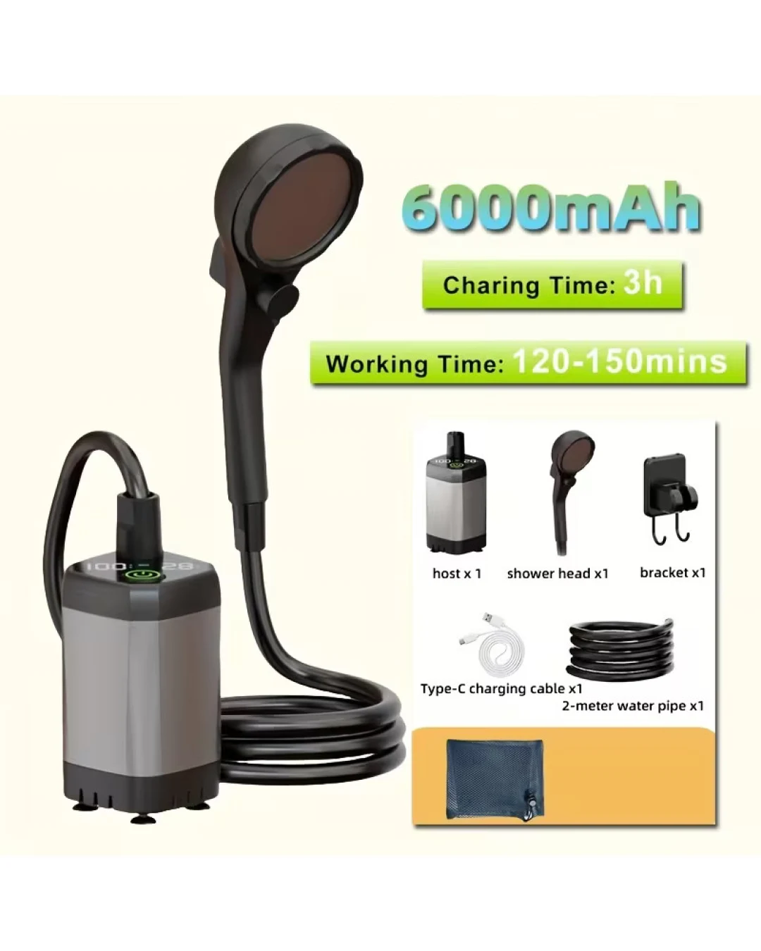 Преносим акумулаторен душ с LED дисплей - 6000mAh IPX7 водоустойчивост и 4 режима на струята