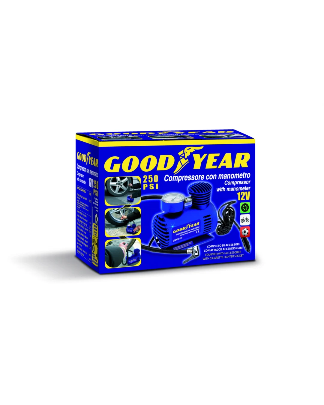 Преносим компресор за помпане на гуми с манометър + 3 накрайника STRONG 12 ATM 250PSI Goodyear Гудиър