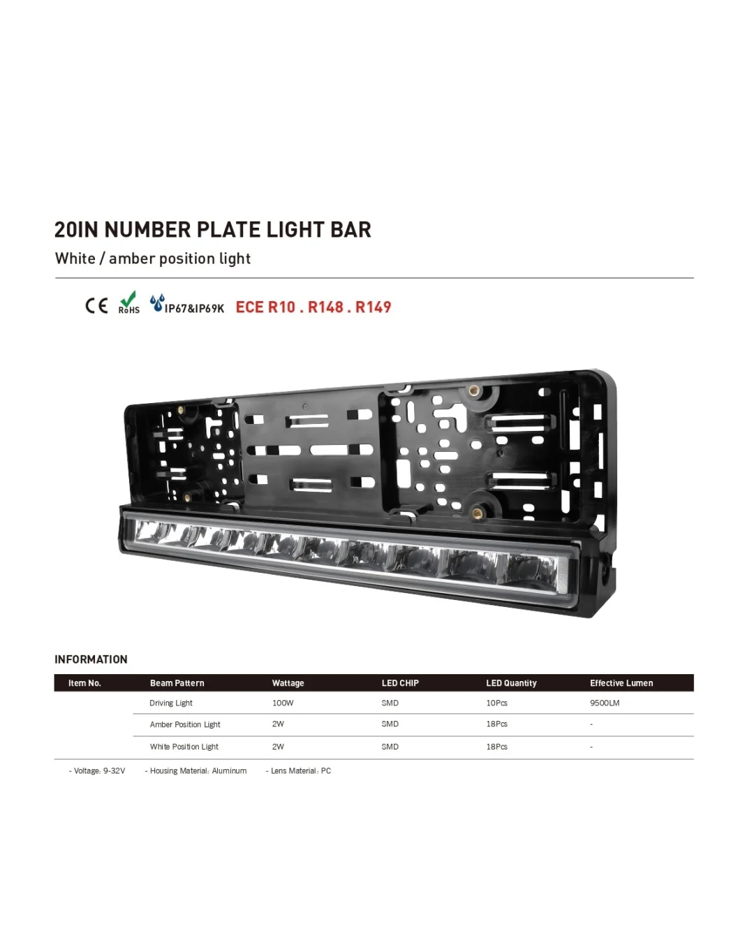 Рамка за Номер с Вграден LED Бар 20 51cm 12v 24v Бяла и Оранжева Дневна DRL Габаритна Светлина