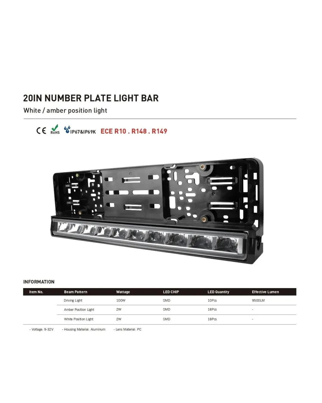Рамка за Номер с Вграден LED Бар 20 51cm 12v 24v Бяла и Оранжева Дневна DRL Габаритна Светлина