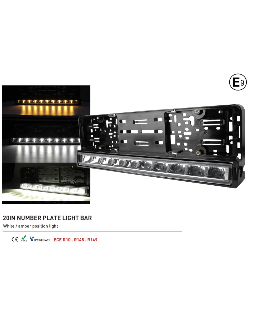 Рамка за Номер с Вграден LED Бар 20 51cm 12v 24v Бяла и Оранжева Дневна DRL Габаритна Светлина