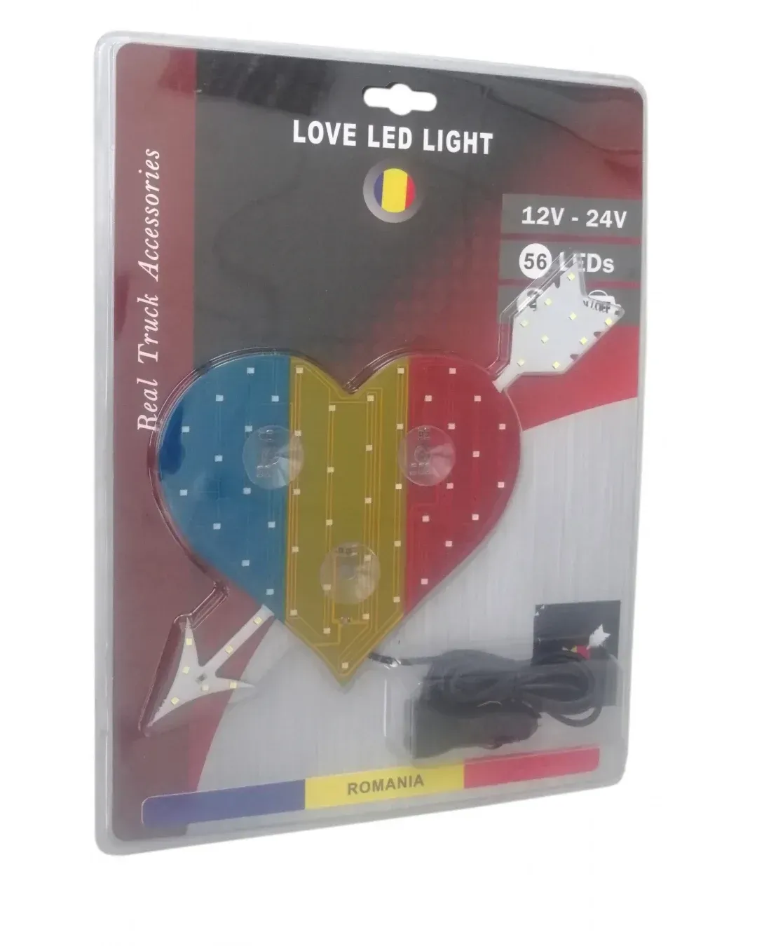 Сетодиодно светещo сърце в синьо-жълто-червено RO Romania флаг знаме Румъния 12V - 24V 54 LED ЛЕД