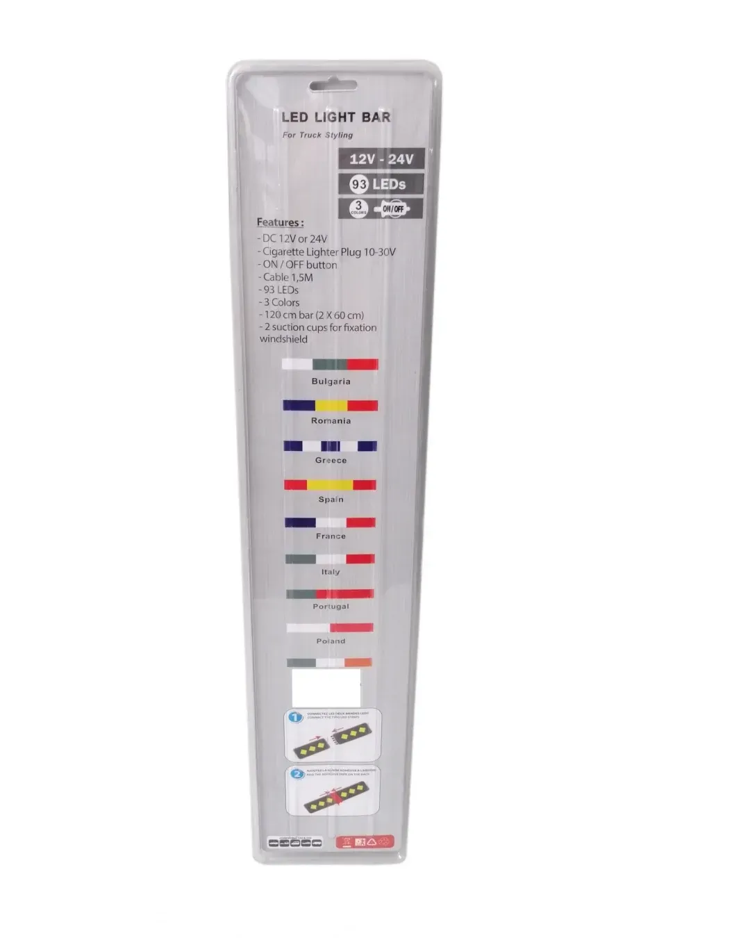 Светещ лед бар 120 cm (2 х 60 cm) 93 LED 12V - 24V синьо-бяло GR Greece флаг знаме Гърция