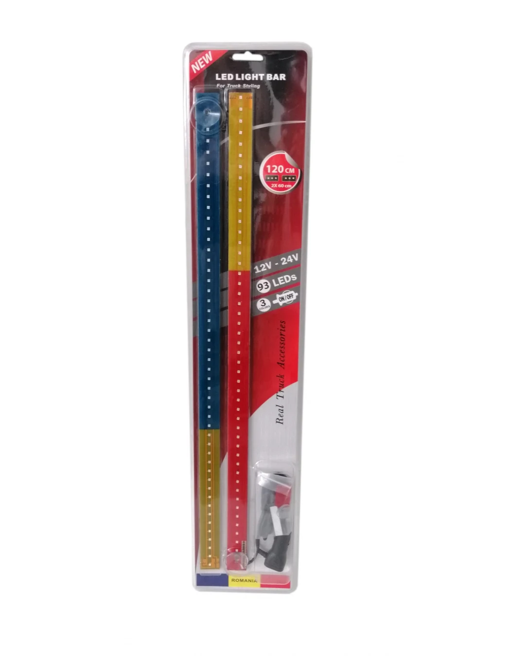 Светещ лед бар 120 cm (2 х 60 cm) 93 LED 12V - 24V синьо-жълто-червено RO Romania флаг знаме Румъния