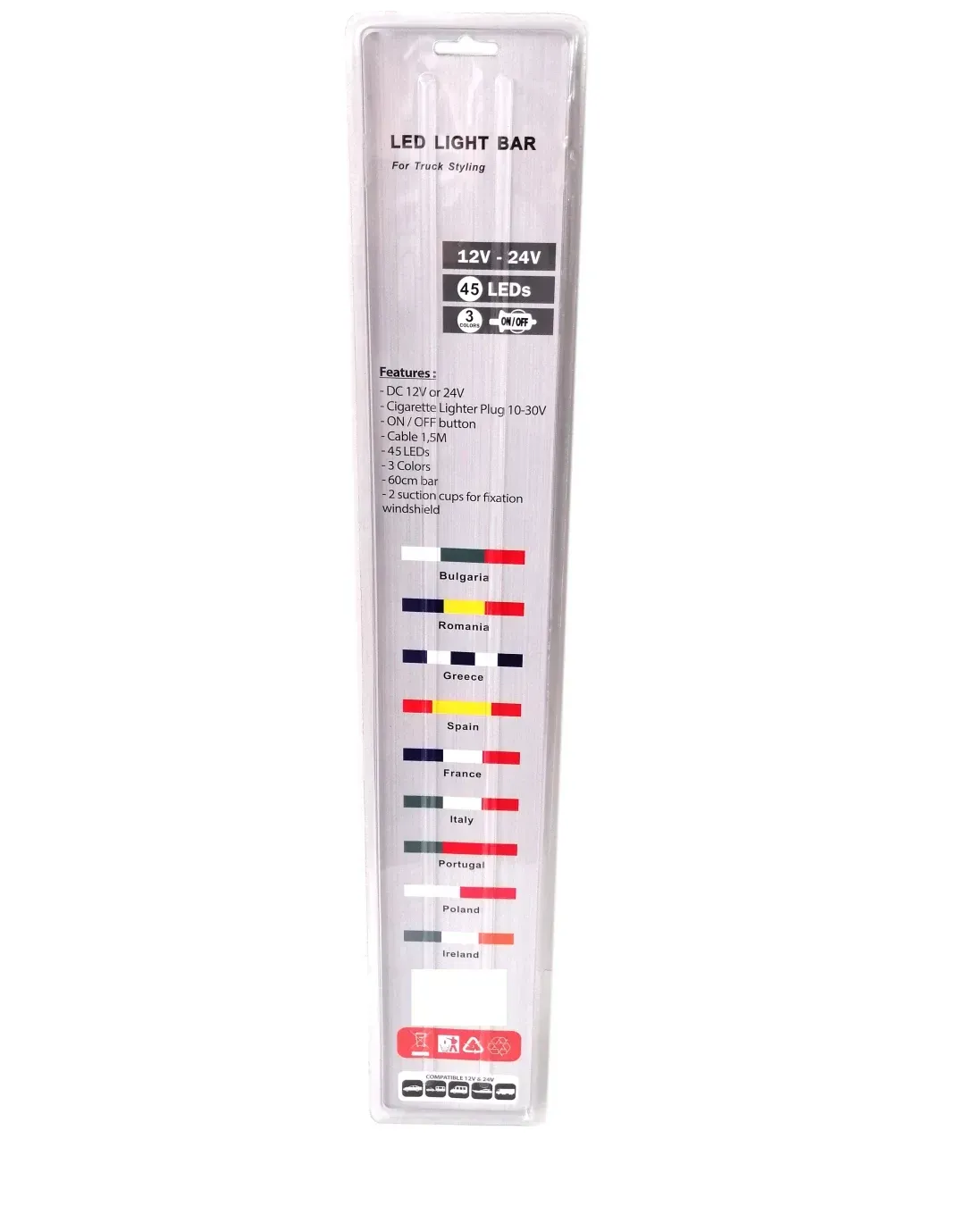 Светещ лед бар 60 cm 45 LED 12V - 24V синьо-жълто-червено RO Romania флаг знаме Румъния