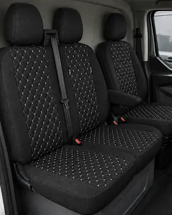Комплект 2+1 Тапицерия за FORD TRANSIT CUSTOM 2009+ – Текстил, Черна с бял шев, 8 части