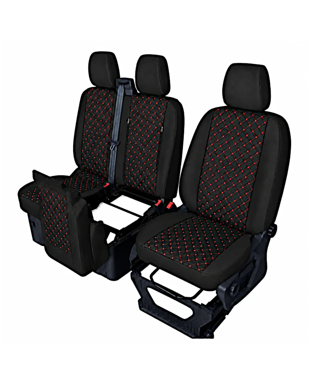 Комплект 2+1 Тапицерия за FORD TRANSIT CUSTOM 2009+ – Еко кожа, Черна с червен шев, 8 части