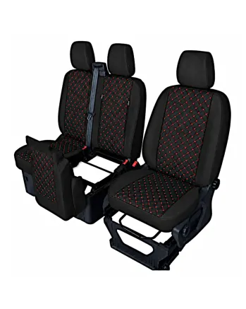 Комплект 2+1 Тапицерия за FORD TRANSIT CUSTOM 2009+ – Еко кожа, Черна с червен шев, 8 части