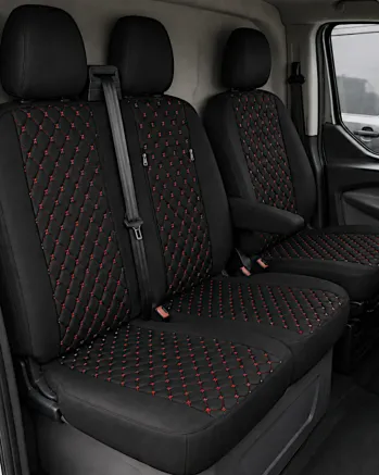 Комплект 2+1 Тапицерия за FORD TRANSIT CUSTOM 2009+ – Еко кожа, Черна с червен шев, 8 части