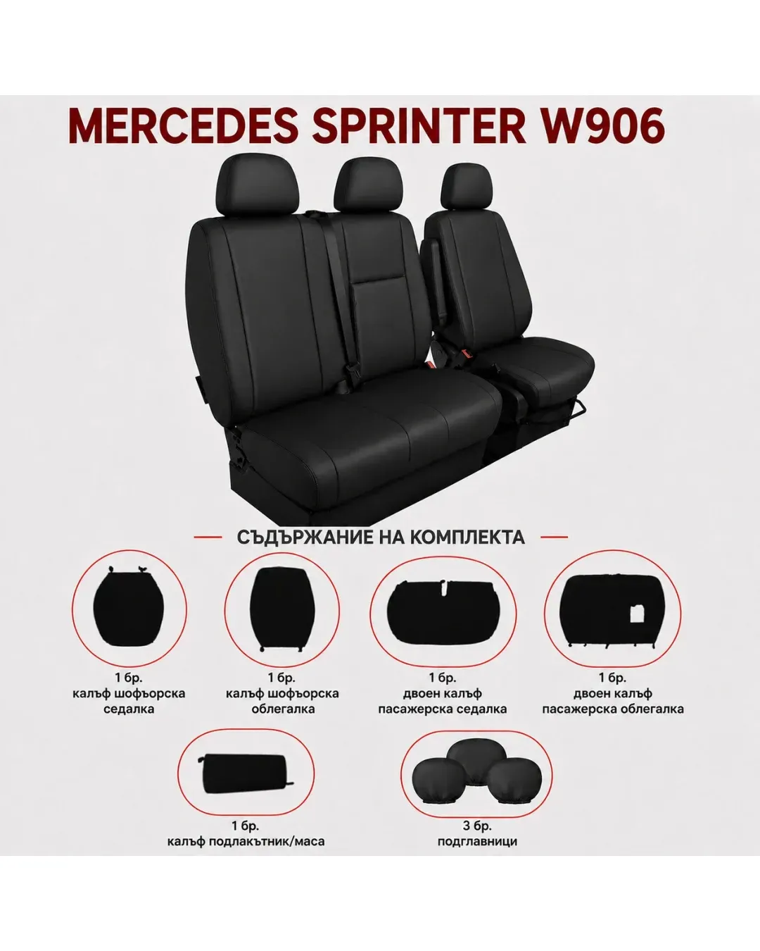 Тапицерия за Mercedes Sprinter W906 (2006-2018) - Комплект 2+1 Еко кожа Черна 8 части