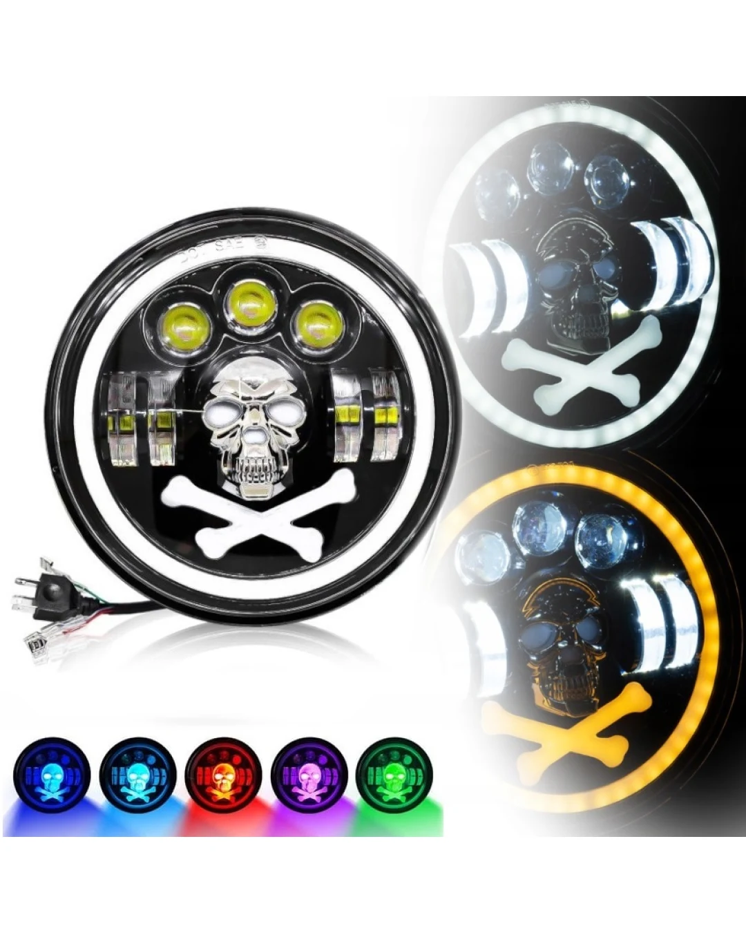 Универсален 7 инча 18см ЛЕД LED фар халоген 12V-24V къси/дълги с DRL дневни светлини мигач бяло-жълто и череп с RGB подсветка с 6 различни цвята за АТВ джип мотоциклет камион трактор и др.