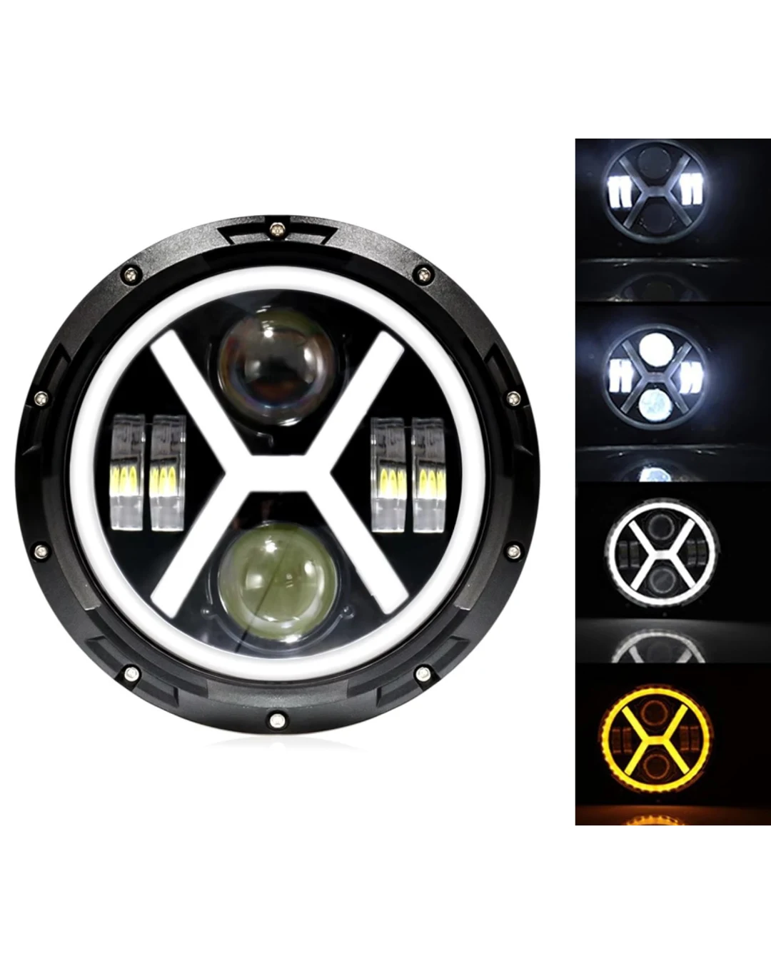 Универсален 7 инча 18см ЛЕД LED фар лампа халоген 12V-24V къси/дълги с DRL дневни светлини мигач бяло-жълто 4000lm за АТВ джип мотоциклет камион трактор и др.