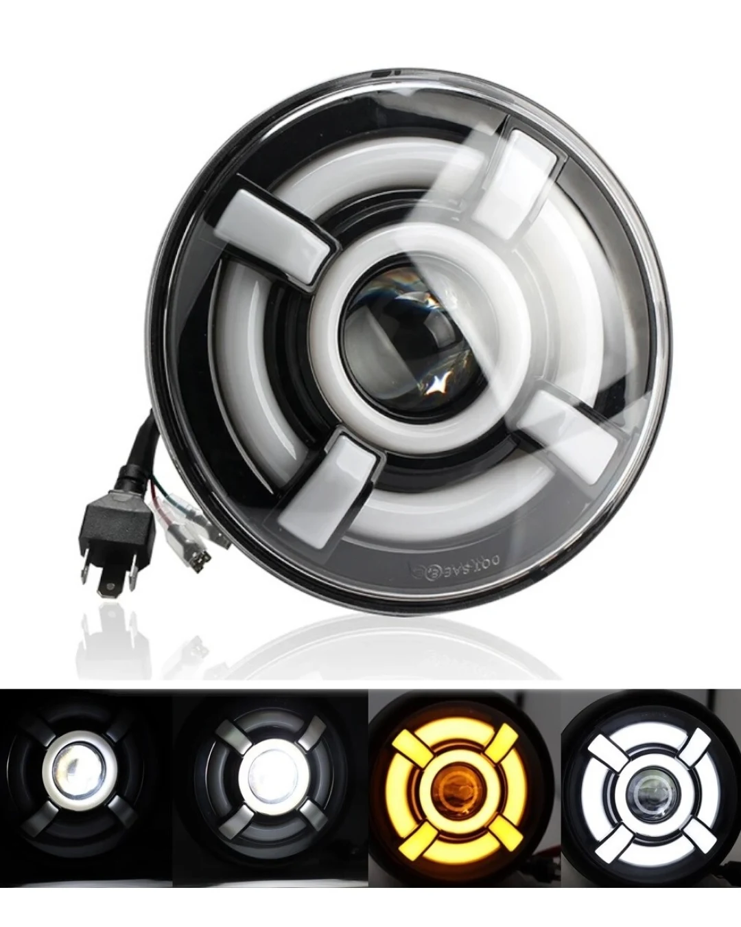 Универсален 7 инча 18см ЛЕД LED фар лампа халоген 12V-24V къси/дълги с DRL дневни светлини мигач бяло-жълто 4800lm за АТВ джип мотоциклет камион трактор и др.