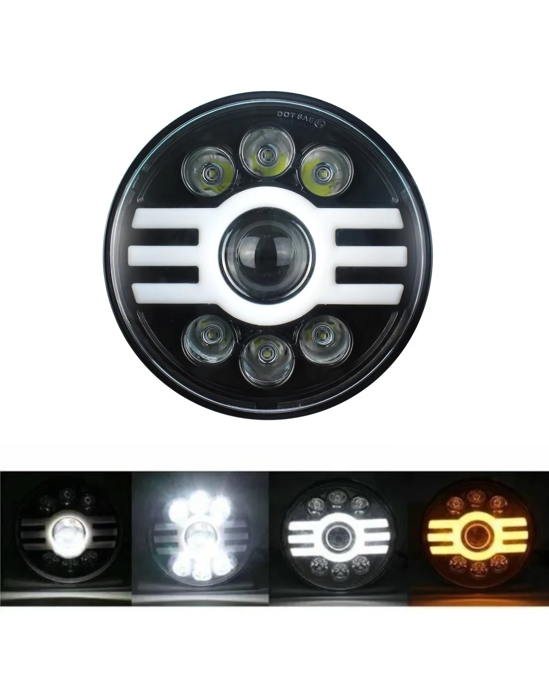 Универсален 7 инча 18см ЛЕД LED фар лампа халоген 12V-24V къси/дълги с DRL дневни светлини мигач бяло-жълто 5000lm за АТВ джип мотоциклет камион трактор и др.