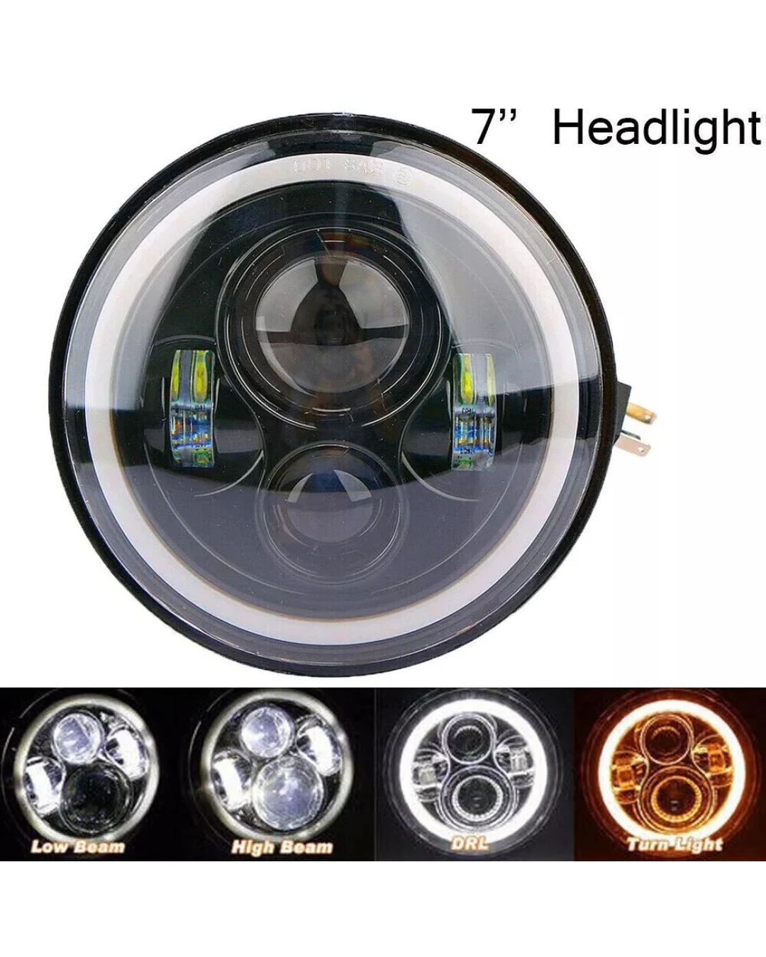 Универсален 7 инча 18см ЛЕД LED фар лампа халоген 12V-24V къси/дълги с DRL дневни светлини мигач бяло-жълто 6500lm за АТВ джип мотоциклет камион трактор и др.