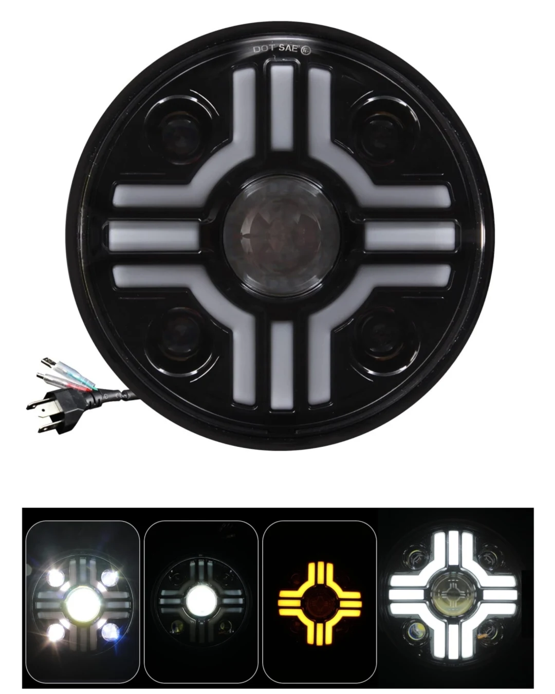 Универсален 7 инча 18см ЛЕД LED фар лампа халоген 12V-24V къси/дълги с DRL дневни светлини мигач бяло-жълто за АТВ джип мотоциклет камион трактор и др.