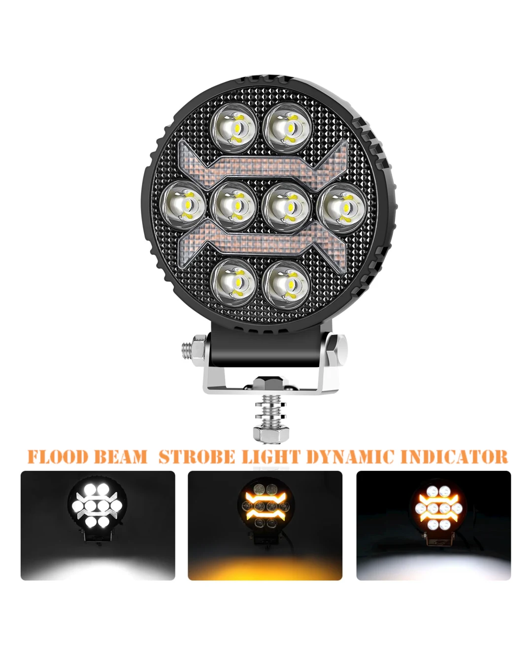 Универсален LED халоген с бяла светлина и оранжева DRL - 8 диода, 12V-24V, IP68, 7 режима на работа, стробоскопичен режим и динамичен мигач