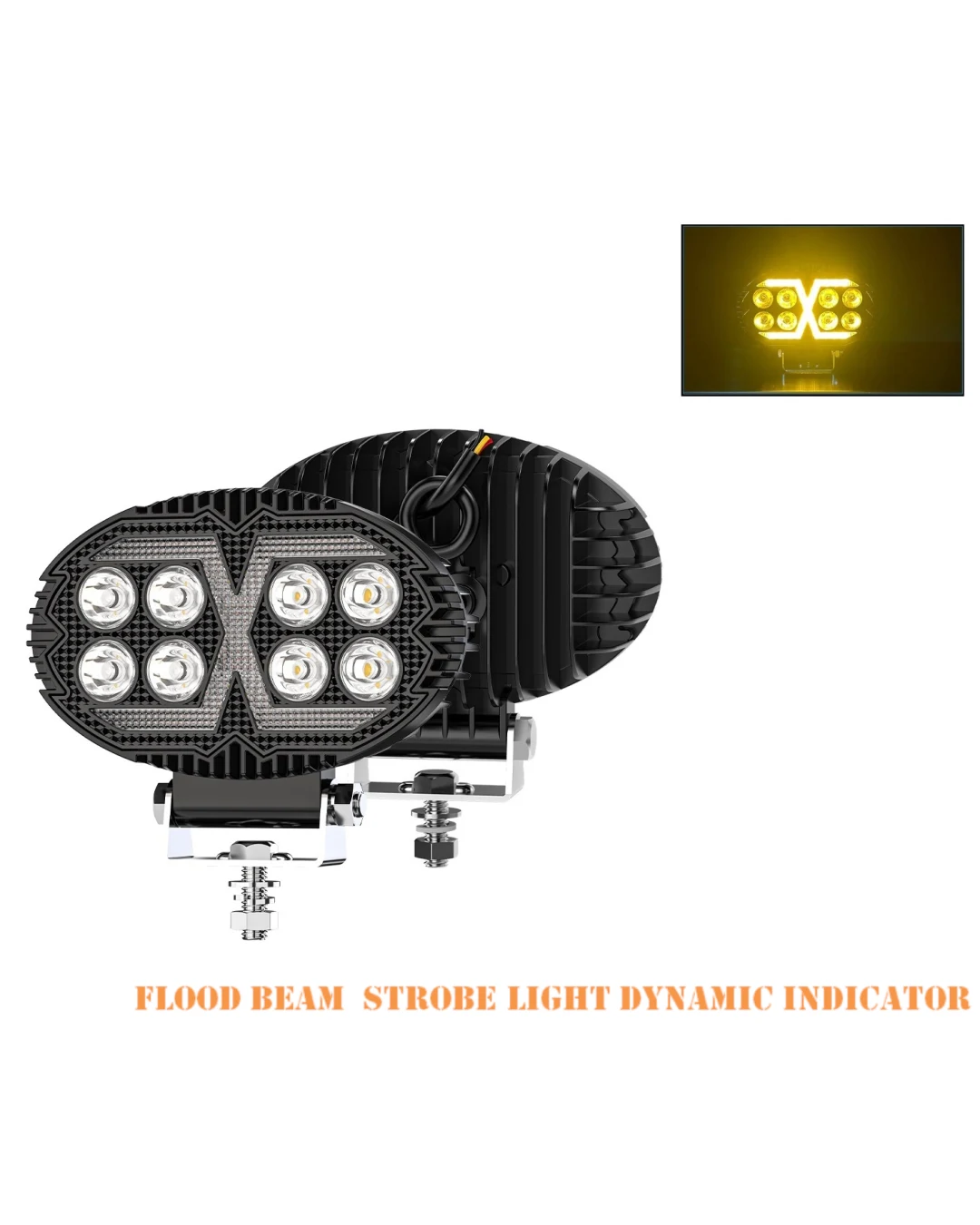 Универсален LED халоген с бяла светлина и оранжева DRL - 8 диода, 4000 lm, 12V–24V, IP67, 5 режима на работа, стробоскопичен режим и динамичен мигач