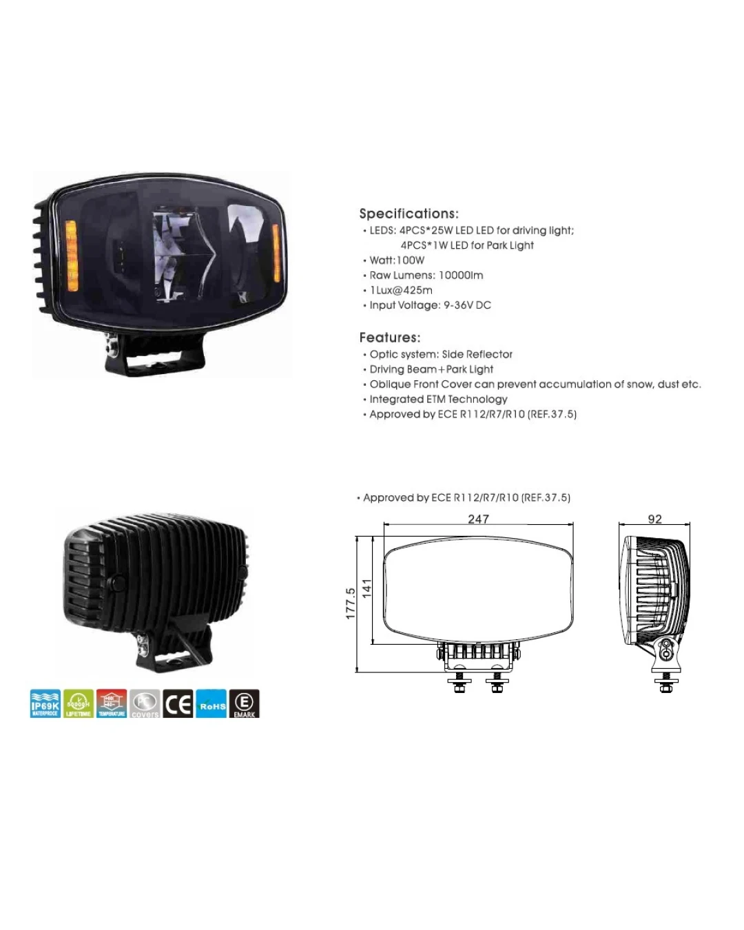 Универсален мощен LED ЛЕД 100W фар халоген лампа 12V - 24V с DRL/parking светлина бяло-жълто за АТВ джип камион трактор