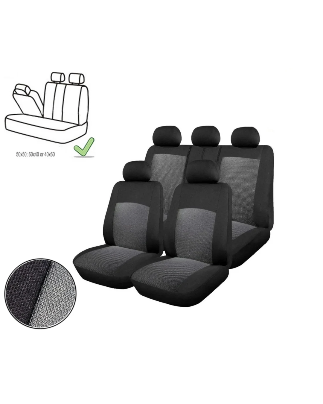 Универсална Авто тапицерия, калъфи за седалки, пълен комплект делима задна седалка с цип сива