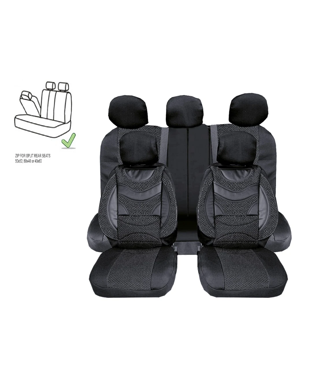 Универсална Авто Тапицерия, Пълен Комплект, Premium, Еко Кожа и Текстил, Черна, Делима Задна Седалка, 9 части