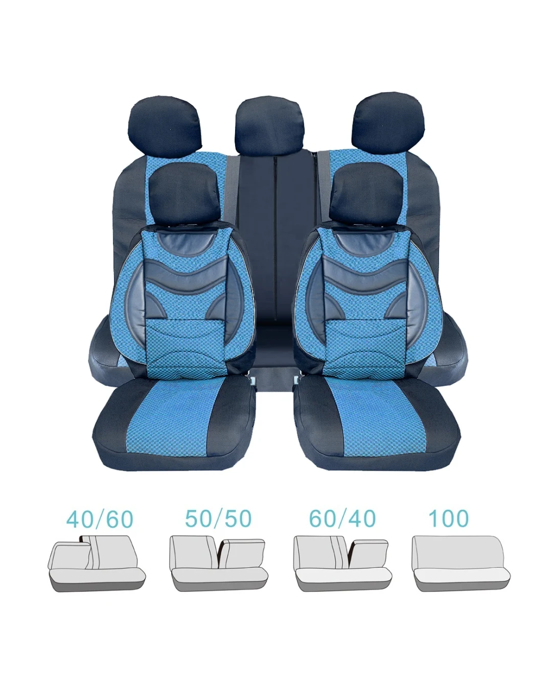 Универсална Авто Тапицерия, Пълен Комплект, Premium, Еко Кожа и Текстил, Синя, Делима Задна Седалка, 9 части
