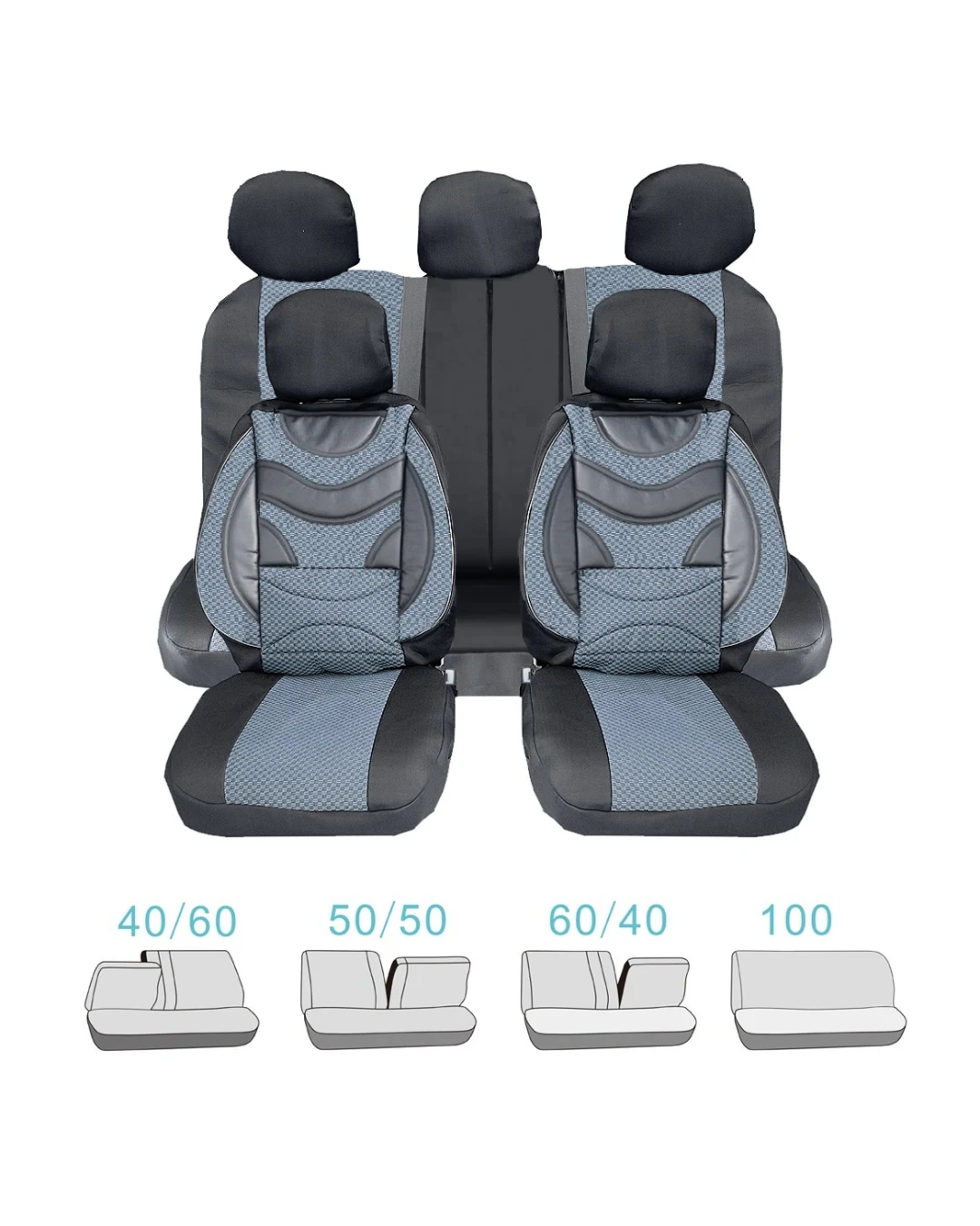 Универсална Авто Тапицерия, Пълен Комплект, Premium, Еко Кожа и Текстил, Сива, Делима Задна Седалка, 9 части