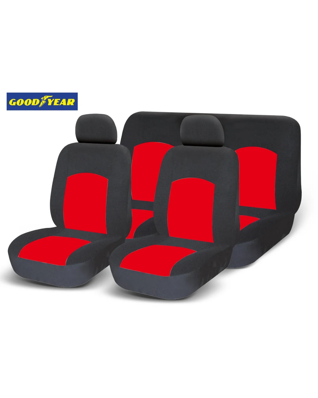 Универсална тапицерия пълен комплект калъфи за предни и задни цели седалки от текстил в червено-черно Goodyear Гудиър