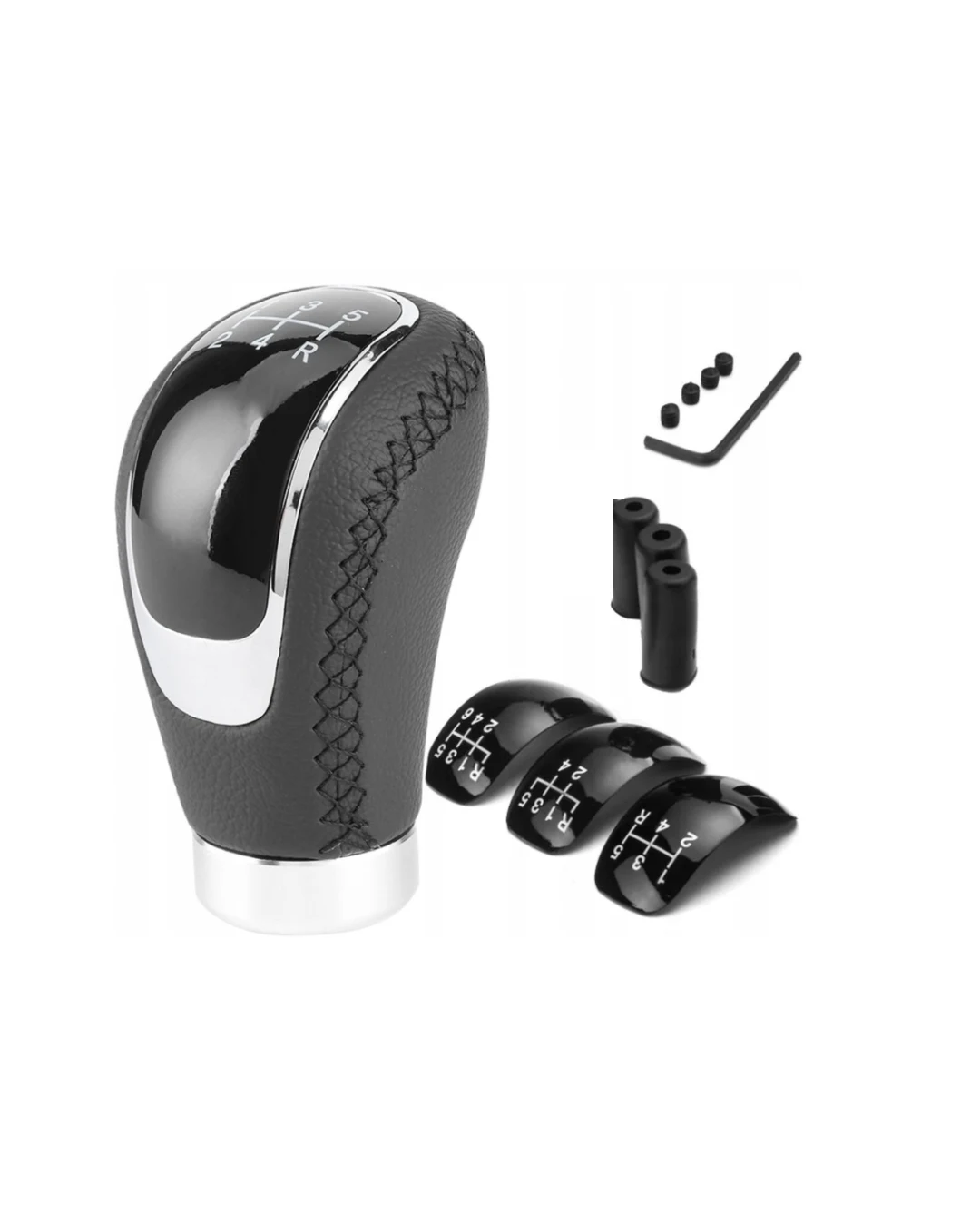 Универсална топка за скоростен лост автомобил – 5/6 скорости – черна кожа / хром – адаптери M8 M10 M12