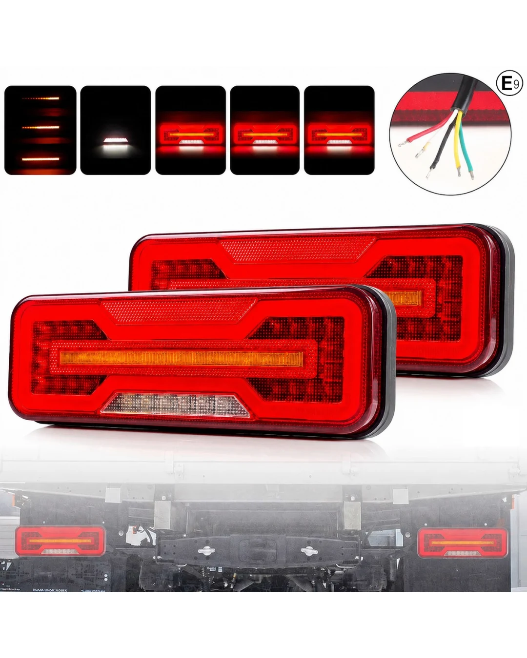 Универсални LED Стопове 12V 24V с Бягащ Мигач, Стоп, Габарит и Заден Ход E9 Сертифицирани Комплект от 2 броя