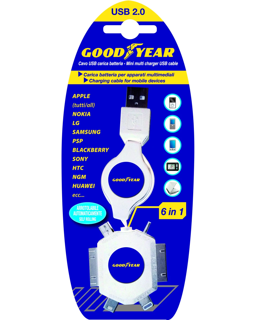 Универсално USB зарядно с 6 Адаптера за таблети и смартфони цвят Бял Goodyear Гудиър