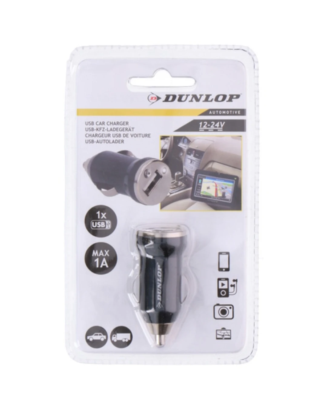 Универсално зарядно за автомобил USB 12V - 24V волта 1 ампер черно Dunlop