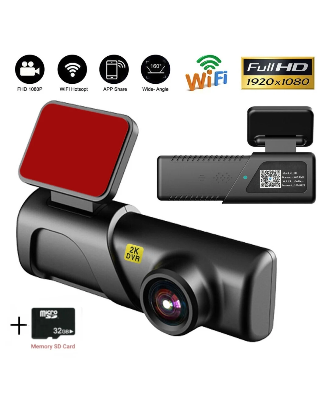 Видеорегистратор за автомобил 2K HD WIFI USB DVR камера G-сензор Видеорекордер Нощно виждане + 32 GB Micro SD Card карта с памет