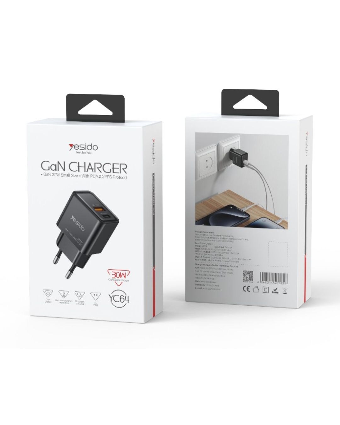 Зарядно устройство за контакт GaN Yesido YC64 30W (USB-C и USB-A) Черно