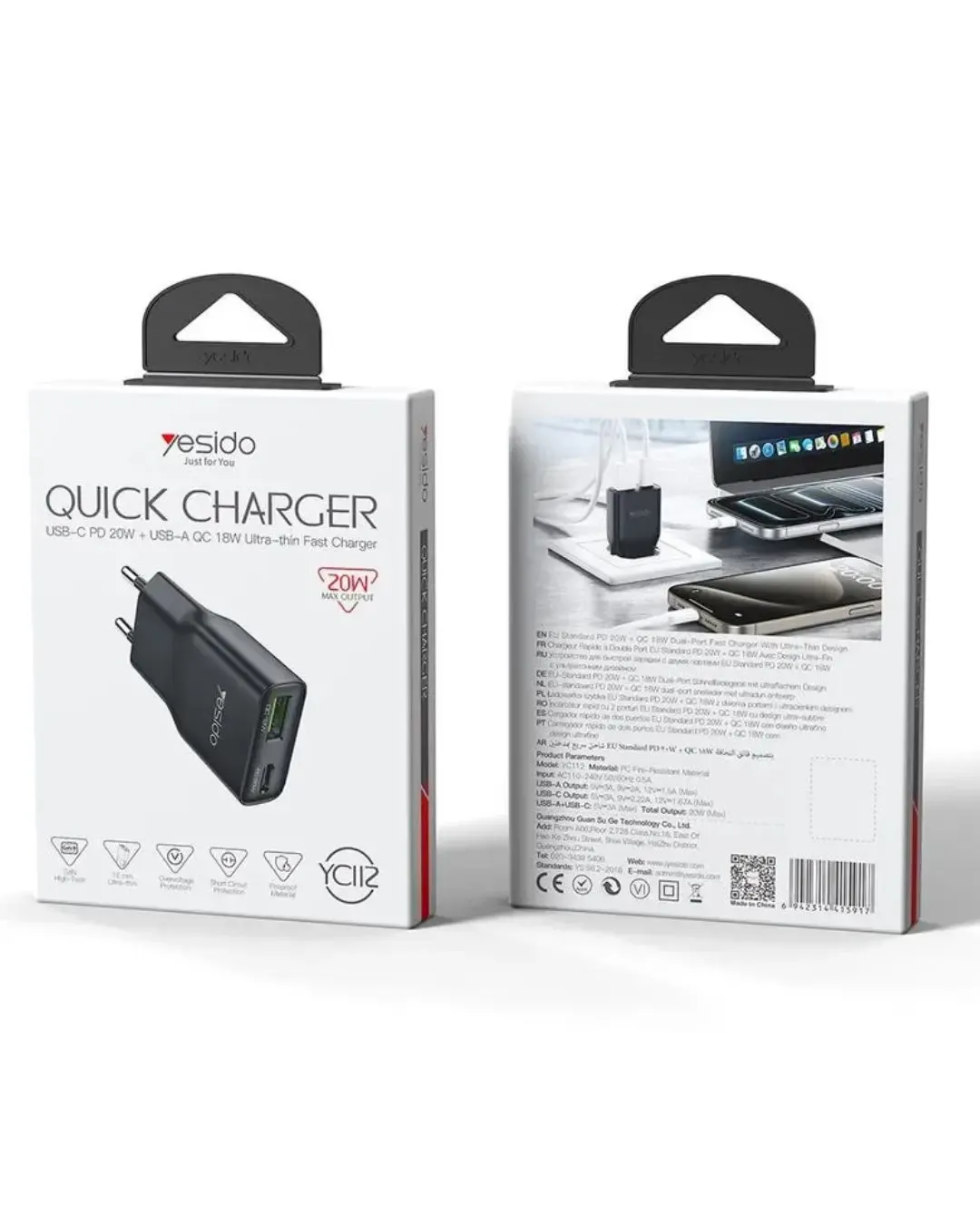 Зарядно устройство за контакт YESIDO YC112 20W (USB-C 20W и USB-A 18W)